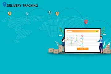 Concept of delivery tracking, business man and woman are discussing to track the shipment that shown on the screen of laptop to deliver the goods to customers on time in green color background.