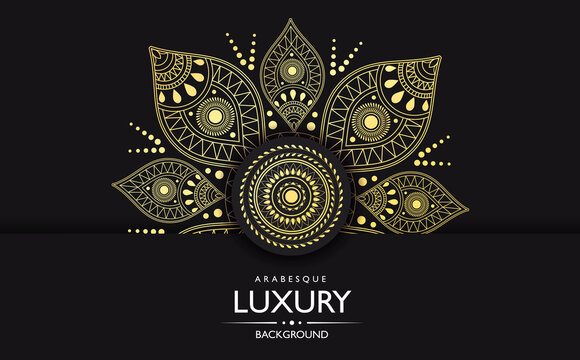 Ornate gold Luxury mandala with intricate pattern over a black background with text, colored vector illustration