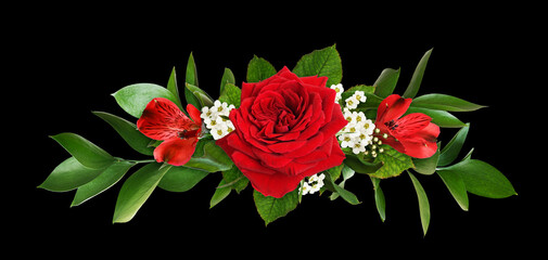 Red rose, alstroemeria flowers and ruscus green leaves in a floral arrangement