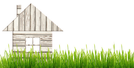 Green grass border with abstract wooden house