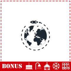 Obraz premium Planet with rocket icon flat