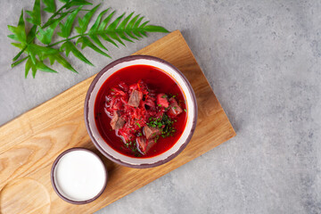 Traditional Ukrainian and Russian dish borsch, red soup with beets