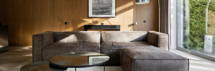 Stylish corner sofa in living room, panorama