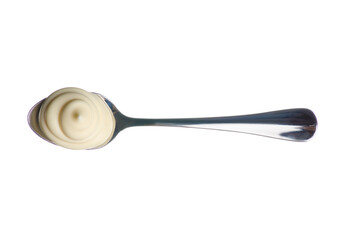 Spoon of mayonnaise sauce on white background isolation, top view