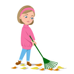 The girl removes autumn leaves with a green rake. Blonde girl in a pink sweater. Autumn greetings of the season. Vector illustration on an isolated white background. Stock image.