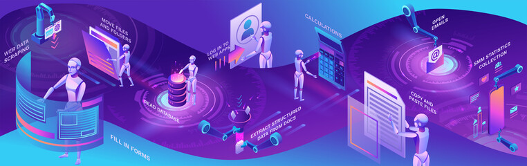 Robotic process automation horizontal banner with robots working with data, arms moving files, extracting information from websites, digital technology service, 3d isometric vector illustration - 364776501