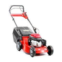 Red Lawn Mower Isolated on White Background. Gas Lawnmower. Red Grass-Cutter. Garden Equipment. Garden Power Tools - obrazy, fototapety, plakaty