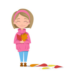 A girl with a smile holds autumn leaves in her hands. A blond girl in a pink sweater. Autumn greetings of the season. Vector illustration on an isolated white background. Stock image