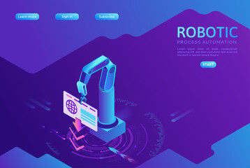 Robotic process automation landing page template with robots working with data, arms moving files, extracting information from websites, digital technology service, 3d isometric vector illustration