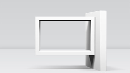 3D frame on stand or abstract minimalistic rectangle composition with the white room on the background