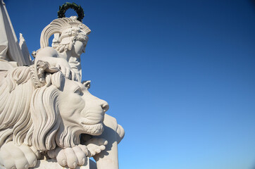 Detail of a statue of Rua Augusta Arch, a historical building in Commerce Square (Praca do Comercio), Lisbon, Portugal