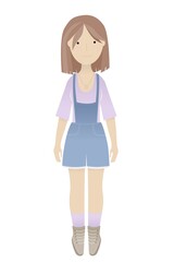 Vector flat colourful image of smiling young girl, teenager character, short hair, violet shirt, blue denim overall, brown boots, standing straight, isolated on white background