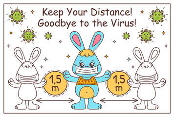 Cartoon Kawaii Rabbit Bunny Keep Social Distance. Wearing Medical Mask. Coronavirus Prevention Kids Vector Information Poster on White Background. Pandemic Coronavirus COVID-19.