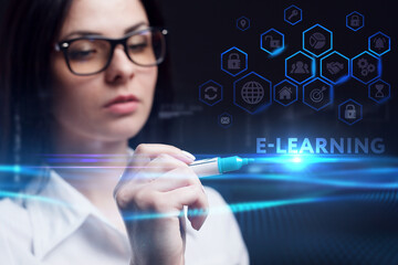 Business, Technology, Internet and network concept. Young businessman working on a virtual screen of the future and sees the inscription: E-learning