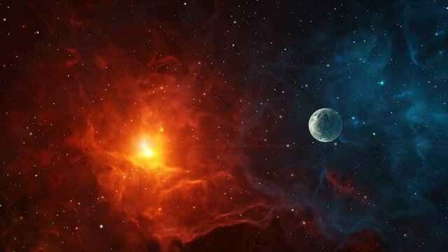 Space background. Fly through colorful nebula with planet. Elements furnished by NASA. 3D rendering