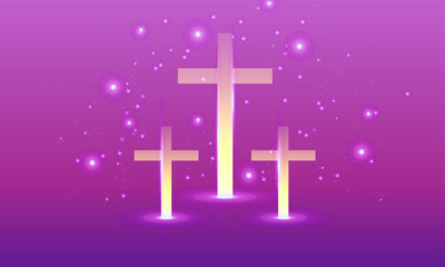 Shining cross, Riligious symbol, Glowing Saint cross. Religion cross bright vector illustration background. Three cross in the bright. Religion classic template for invitation, greeting, card, poster.
