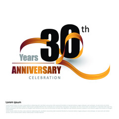 30 years anniversary logo template with ribbon. Poster template for Celebrating 100th event. Design for banner, magazine, brochure, web, invitation or greeting card. Vector illustration