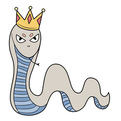 Doodle fantasy animal. Hand drawn a snake with crown stuck out his tongue. Vector illustration from imagination for kid art.
