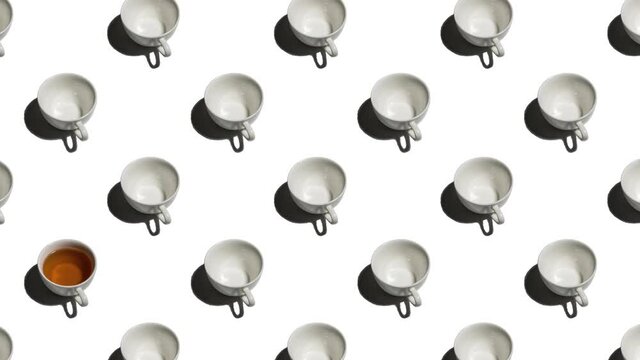 Pattern with lonely cup of tea and many empty cups animated on wite background. Tea mugs move in different directions. 4K