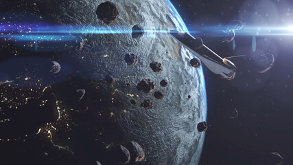 Space Shuttle surrounded by Dangerous rocks, Space view