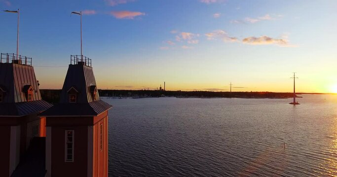 Beautiful coast town view in Finland, aerial drone shot