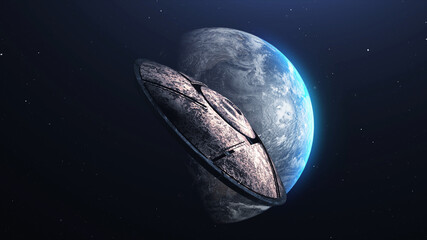 UFO Alien Metalic Saucer Cinematic invasion over earth,  Metallic Rotating flying saucer space ship Heading toward Planet earth, Invasion Concept- 3D rendering  © ImageBank4U