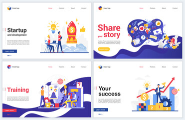 Obraz na płótnie Canvas Successful startup, business course vector illustrations. Cartoon flat concept design template set with modern creative business training programs for start projects, success of marketing service