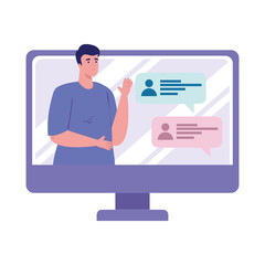 Man in computer with chatting bubbles design, Message chat and communication theme Vector illustration