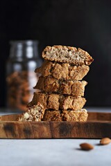 Healthy Keto Almond Biscotti. Low carb and gluten free keto, paleo cookies. Selective focus