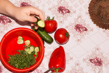 hands cut tomatoes and cucumbers on a salad