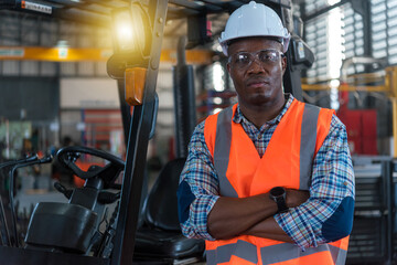 Portrait of young man forklift driver with arms crossed and forklift at the background. 
