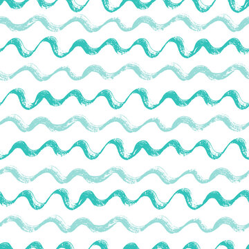 Sea Waves Paint Brush Strokes Vector Seamless pattern. Hand drawn Grunge Blue Waves Background
