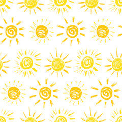 Sun Paint Brush Strokes Vector Seamless pattern. Hand drawn Grunge Yellow Suns Background
