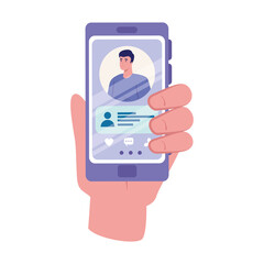 Hand holding smartphone with man and chatting bubble design, Message chat and communication theme Vector illustration