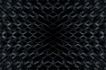  Honeycombs Cube. Background abstract minimalistic black / white texture with many rows of volumetric figures of hexagons lying in the light. Animation. Mobile briquette silver wall 3d