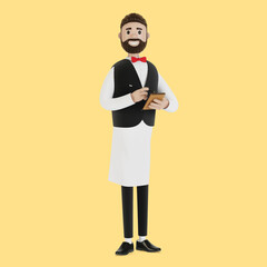 Cartoon character a waiter with a notebook and a pencil takes an order. 3D illustration.