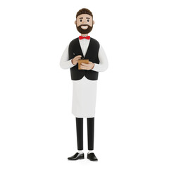 Obraz na płótnie Canvas Cartoon character a waiter with a notebook and a pencil takes an order. 3D illustration.