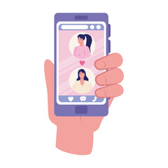 Hand holding smartphone with women heart and chatting bubble design, Message chat and communication theme Vector illustration