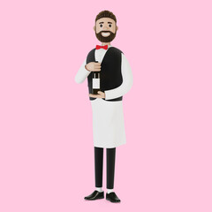 Cartoon character of a waiter with a bottle of wine. 3D illustration.
