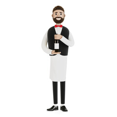 Cartoon character of a waiter with a bottle of wine. 3D illustration.