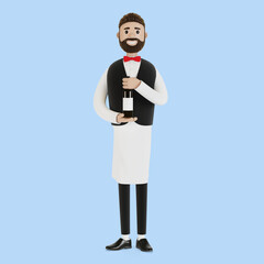 Cartoon character of a waiter with a bottle of wine. 3D illustration.