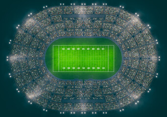 Top view of an american football stadium full of people during a night game . 3D Rendering