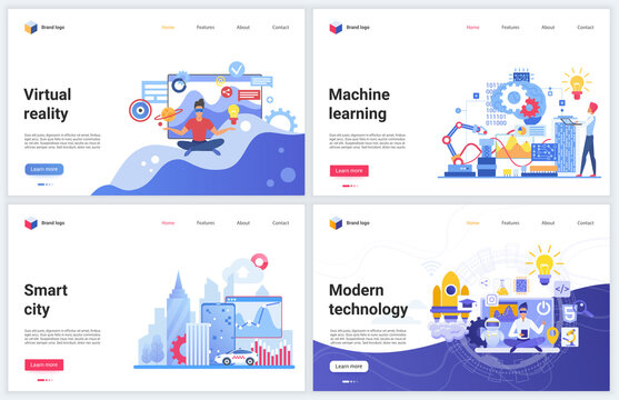 Artificial intelligence modern technology vector illustrations. Creative concept interface website design, banners with flat cartoon innovation in education, ai tech futuristic services for smart city