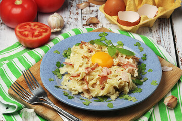 A plate with traditional pasta carbonara