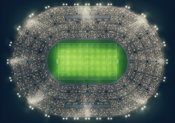 Top view of a soccer stadium full of people during a night game . 3D Rendering © alphaspirit