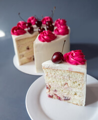 Mouth watering cherry cheesecake macro with fork. Shot on blue backgrond