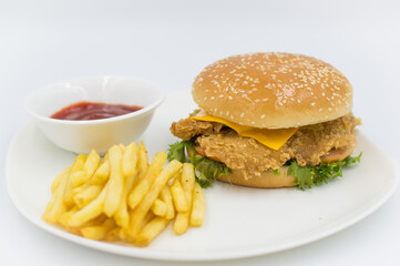 Grilled chicken burger with ketchup and fries on the side. 