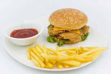Grilled chicken burger with ketchup and fries on the side. 