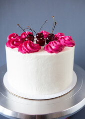 White Cream Icing Cake with Fruits, on blue background