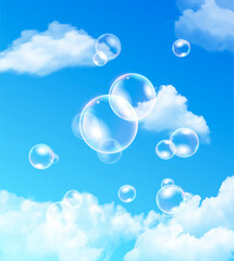 Iridescent bubbles floating against blue sky with fluffy white clouds , colored vector illustration